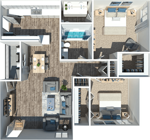 a rendering of a 3d floor plan with different layouts of rooms and furniture